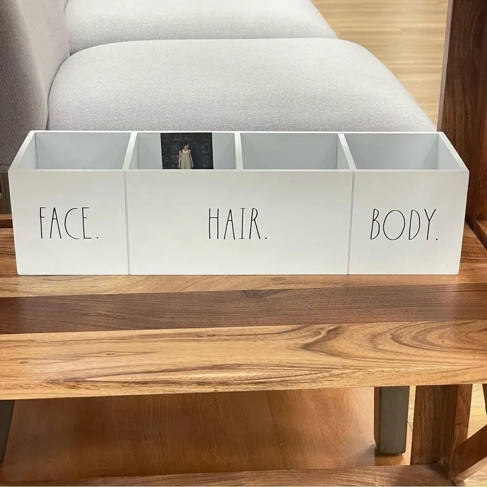 NWT Rae dunn Gorgeous White Wood Black face hair body 4 Compartments organizer